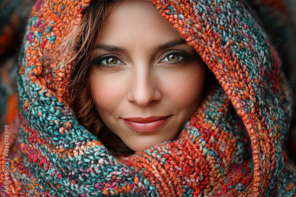 Warm smiles in autumn: woman wrapped in colorful knit scarf embraces cozy seasonal vibes Warm smiles in autumn: woman wrapped in colorful knit scarf embraces cozy seasonal vibes