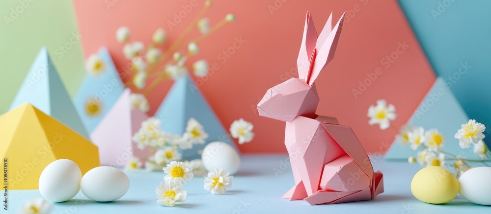 Colorful paper bunny rabbit with quail eggs and flowers on a vibrant geometric background perfect for spring decor and creative projects Colorful paper bunny rabbit with quail eggs and flowers on a vibrant geometric background perfect for spring decor and creative projects