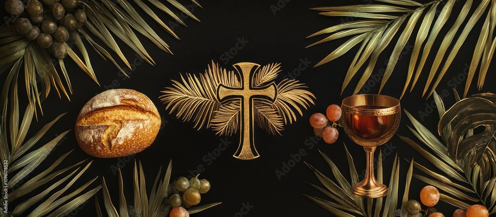 Naklejka premium Eucharist symbolism with bread, chalice, and cross surrounded by palm leaves on a dark background for religious and spiritual themes