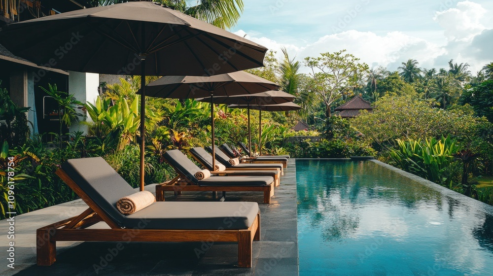 Relaxing Poolside Lounge Chairs with Umbrellas in Tropical Resort Relaxing Poolside Lounge Chairs with Umbrellas in Tropical Resort