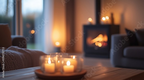 Gemütlicher Wohnraum mit Kerzen und Kamin
