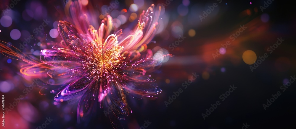 Fototapeta premium Colorful abstract fireworks bursting like flowers against a dark background, creating a festive atmosphere with vibrant glowing particles