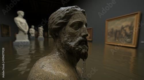 A close-up of a stone bust partially submerged in water inside an art gallery. photo