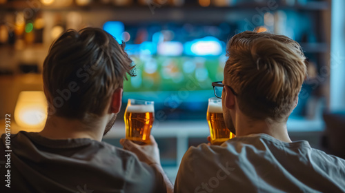 Back view of two best friends and football fans watching a sports match on TV, drinking beers, and cheering for their team while sitting on the couch and enjoying snacks.