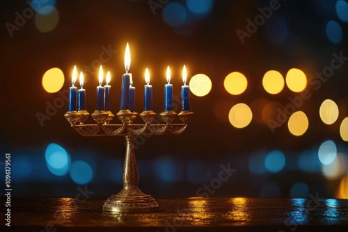 Festival of lights: hanukkah eight nights of miracles, menorah lighting, dreidel games, and fried foods, honoring the maccabees victory and the rededication of the second temple in jerusalem photo