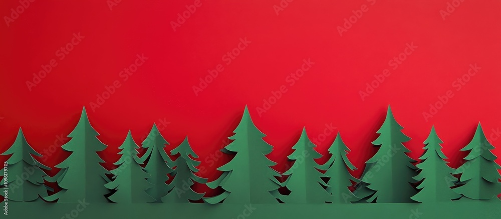 Festive childlike backdrop with green paper trees on vibrant red background in a minimalist style ideal for holiday-themed designs and copy. Festive childlike backdrop with green paper trees on vibrant red background in a minimalist style ideal for holiday-themed designs and copy.