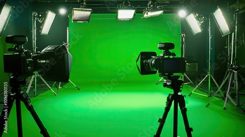Professional film studio setup with two cameras and green screen backdrop.