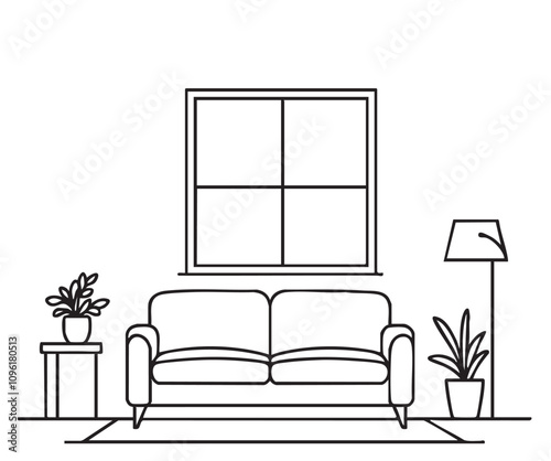 Hand drawn room interior sketch. Sofa and window