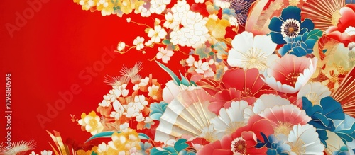 Vibrant Japanese background design showcasing traditional kimono fabric with floral patterns and rich colors for cultural or artistic themes photo