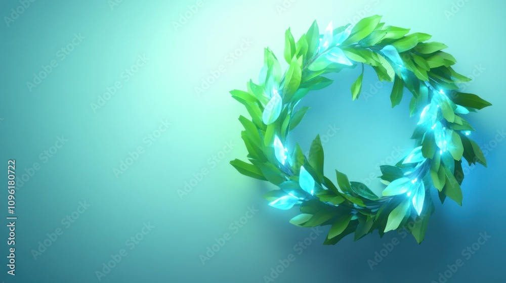 A glowing green leaf wreath against a soft gradient background. A glowing green leaf wreath against a soft gradient background.