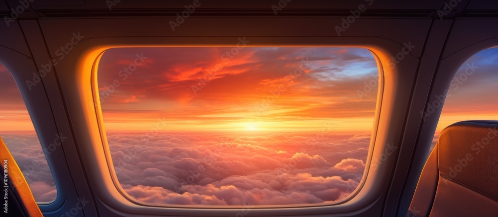 Stunning sunset viewed from an airplane window showcasing vibrant colors and serene clouds above the horizon