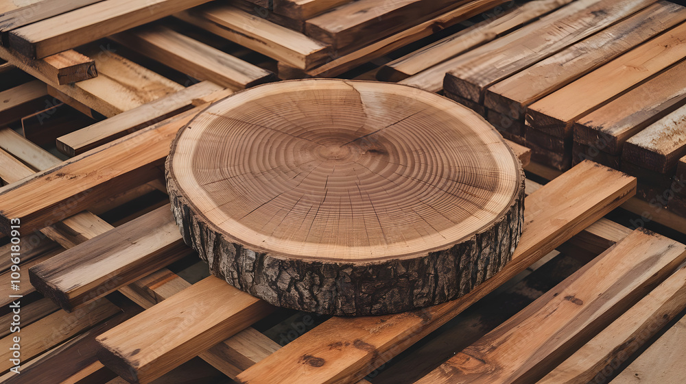 A rustic rosewood wood slice, showcasing its intricate growth rings and weathered bark, rests on a bed of weathered rosewood planks. Perfect for natural and earthy design projects. A rustic rosewood wood slice, showcasing its intricate growth rings and weathered bark, rests on a bed of weathered rosewood planks. Perfect for natural and earthy design projects.
