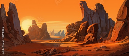 Unique rock formations under an orange sky showcasing fascinating shapes and textures in a desert landscape at sunset.