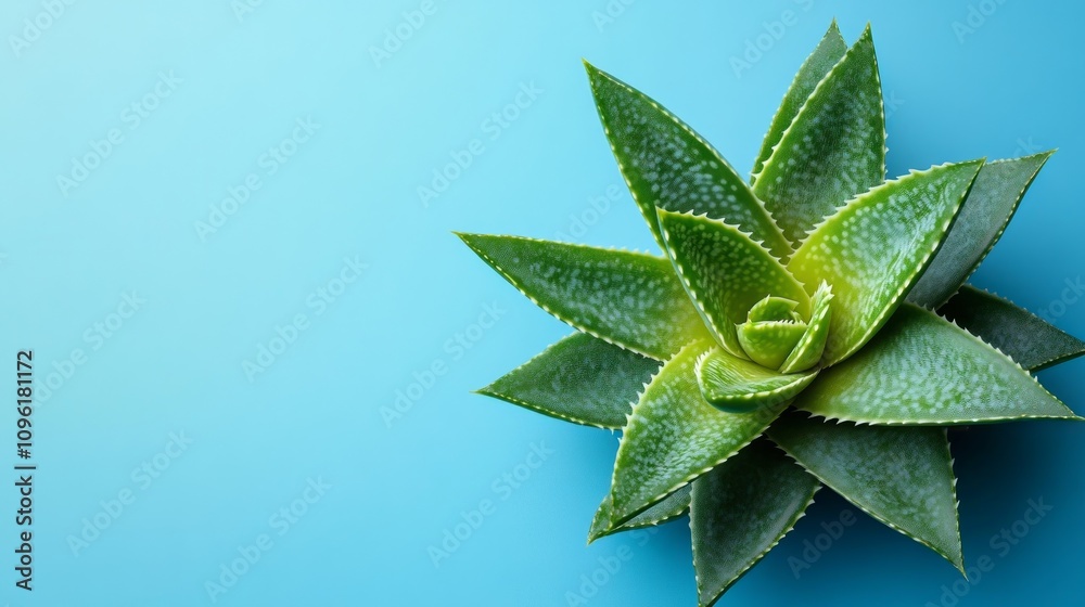 Top view of a vibrant green aloe vera plant on a light blue background. Top view of a vibrant green aloe vera plant on a light blue background.