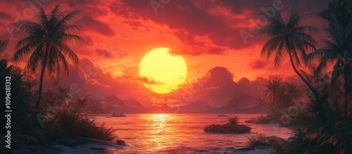 Tropical Sunset with Silhouetted Palm Trees Over Calm Waters and Vibrant Clouds in the Background