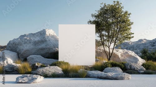 Outdoor landscape billboard for advertising. Modern aesthetic white empty Mock-up for business or celebration event. Banner with copy space photo