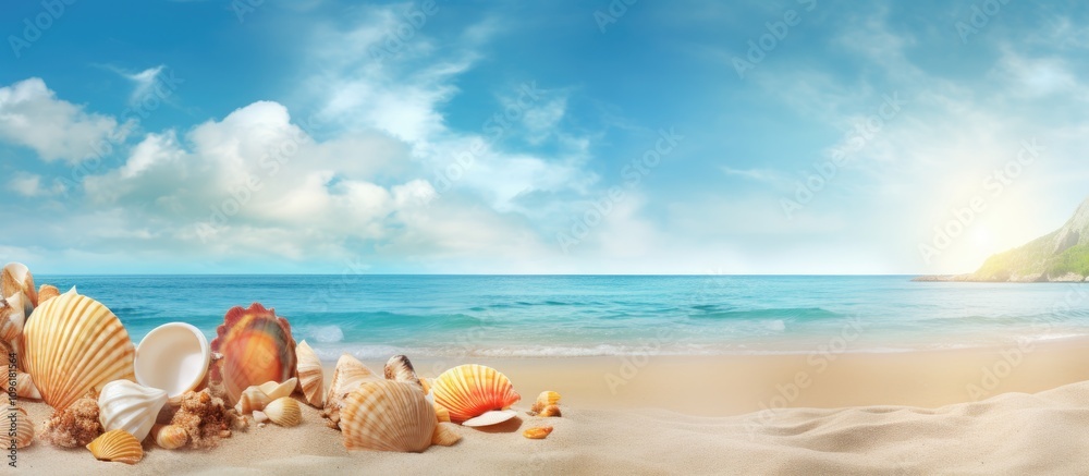 Vacation dreams depicted with large seashells on sandy beach under a bright sky showcasing serene tourism and coastal beauty.