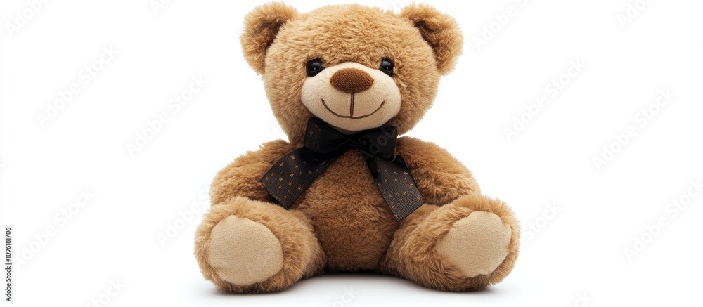 Fototapeta premium Cute plush teddy bear with a friendly smile and bow tie sitting on a white background symbolizing comfort and childhood memories.