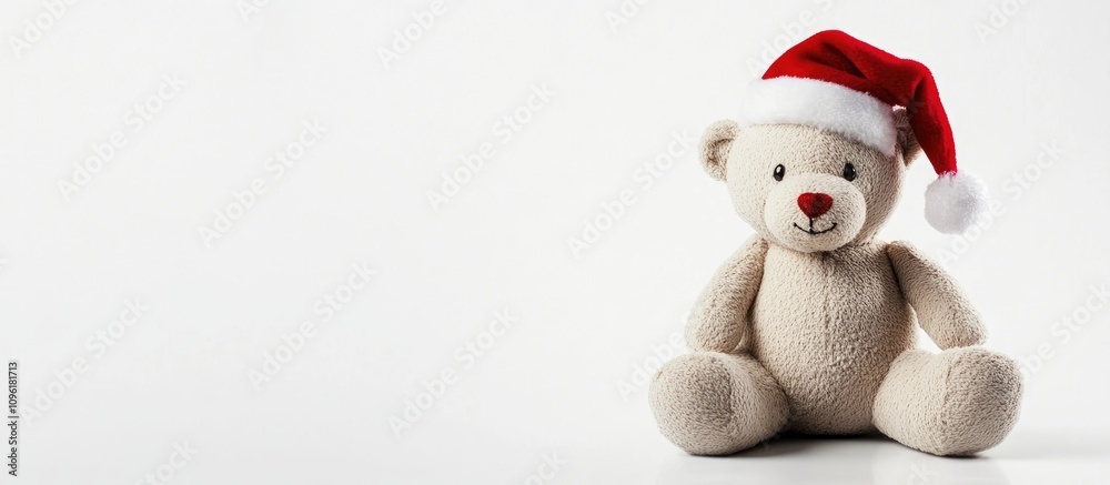 Christmas teddy bear with Santa hat sitting on a white background perfect for holiday themed designs and festive decorations Christmas teddy bear with Santa hat sitting on a white background perfect for holiday themed designs and festive decorations