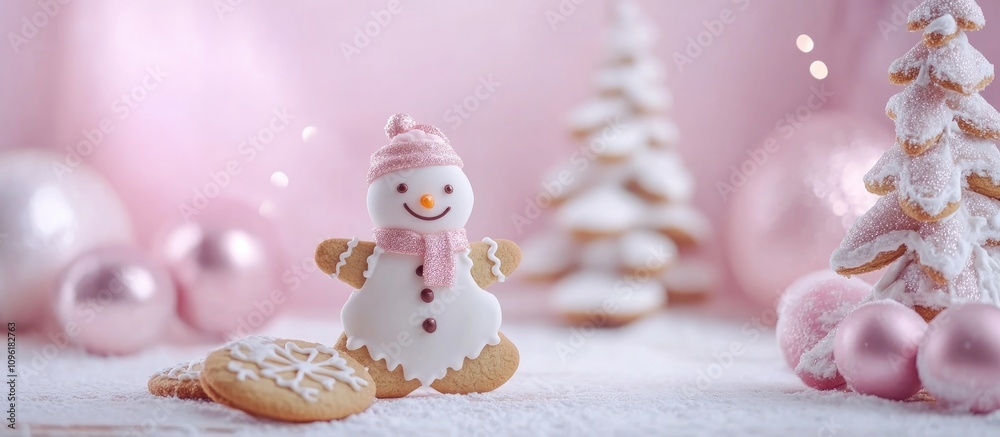 Fototapeta premium Festive gingerbread cookies featuring a cheerful snowman and decorated tree against a soft pastel backdrop with holiday ornaments.