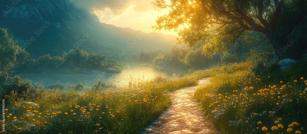 Scenic pathway through vibrant meadows leading to a serene hillside landscape at sunset with warm golden hues and tranquil water reflections Scenic pathway through vibrant meadows leading to a serene hillside landscape at sunset with warm golden hues and tranquil water reflections