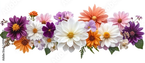 Colorful bouquet of white pink purple and orange flowers arranged against a clean white background for a fresh floral design concept