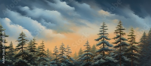Majestic Pine Forest Under Dramatic Cloudy Sky at Dusk with Soft Glowing Lights