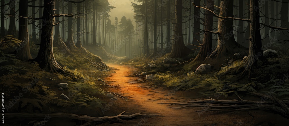 Fototapeta premium Forest Pathway in Tranquil Wilderness Surrounded by Tall Trees and Gentle Light Filtering Through Dense Canopy