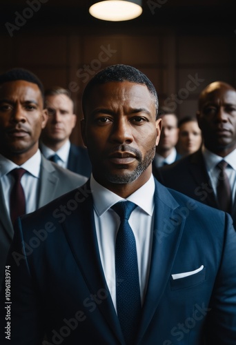 Businessmen in suits, formal attire, group portrait, diverse team, leadership, confident expressions, corporate environment, boardroom setting, depth of field, professional atmosphere, cinematic light