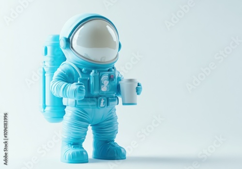 A blue astronaut figure holding a coffee cup, showcasing a playful design.