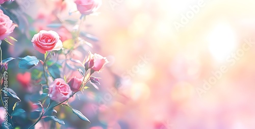 Beautiful Pink Roses in a Garden, Soft Focus. A soft-focus image of a vibrant rose garden. photo