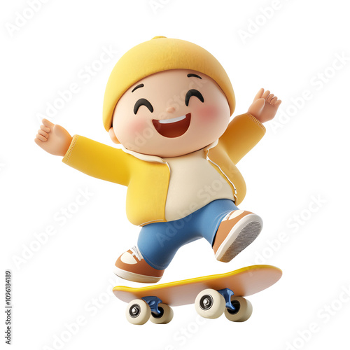 Joyful toddler on a skateboard wearing a yellow hat and jacket