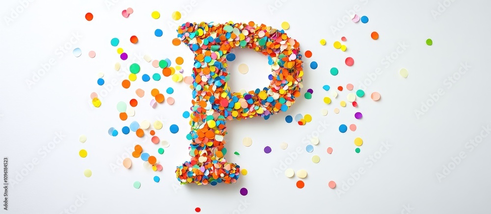 Obraz premium Colorful confetti arranged in the shape of the letter P on a clean white background for festive and celebratory themes.