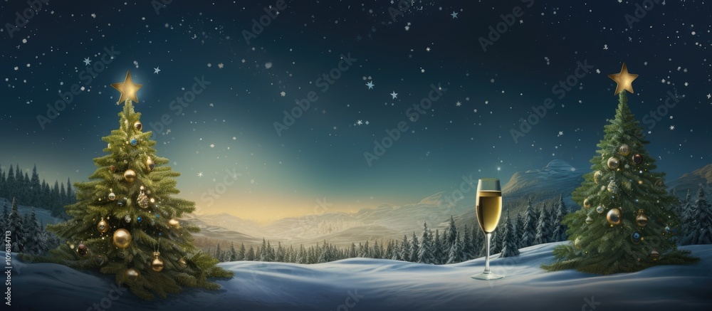 Fototapeta premium Christmas greeting card design with festive fir trees champagne and blank space for personalized holiday messages in a snowy landscape
