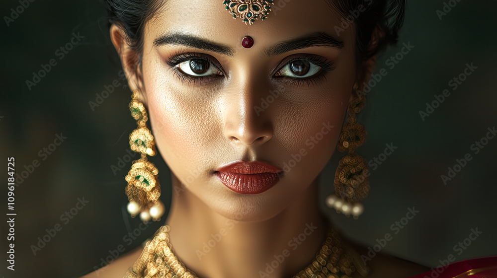 Close-Up of Maharashtrian Woman in Nauvari Saree and Traditional Accessories. Close-Up of Maharashtrian Woman in Nauvari Saree and Traditional Accessories.