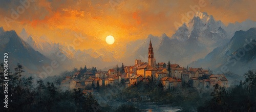 Serene dusk view of a quaint village nestled among majestic mountains with a warm sunset illuminating the landscape.