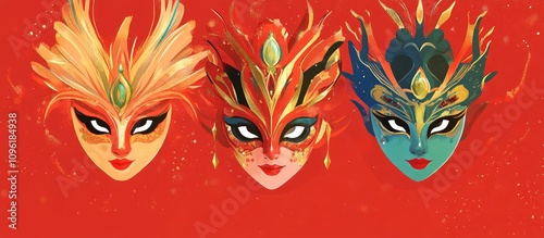 Set of vibrant carnival masks featuring intricate designs on a bold red background celebrating festive culture and artistic expression photo