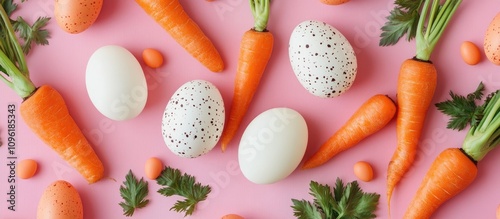 Colorful Easter flat lay with decorative eggs vibrant carrots and fresh greens on a pink background celebrating spring and holiday festivities photo