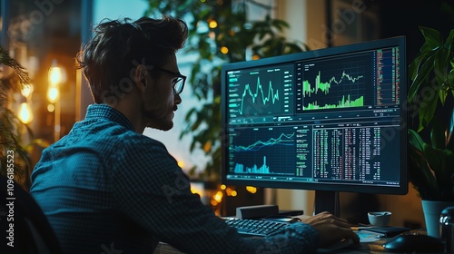 Financial analyst calculating investment returns in modern office high angle view, graph overlays, realistic lighting, sharp focus, detailed financial charts, professional setting