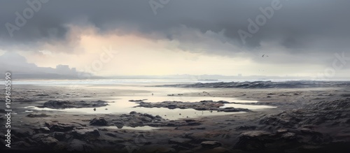 serene coastal landscape at low tide under a cloudy morning sky with reflections in the water and exposed rocky shore