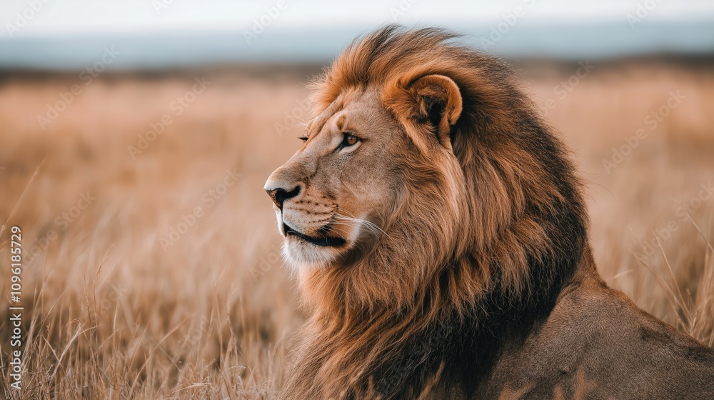 Majestic Lion in a Serene Grassland Setting Majestic Lion in a Serene Grassland Setting
