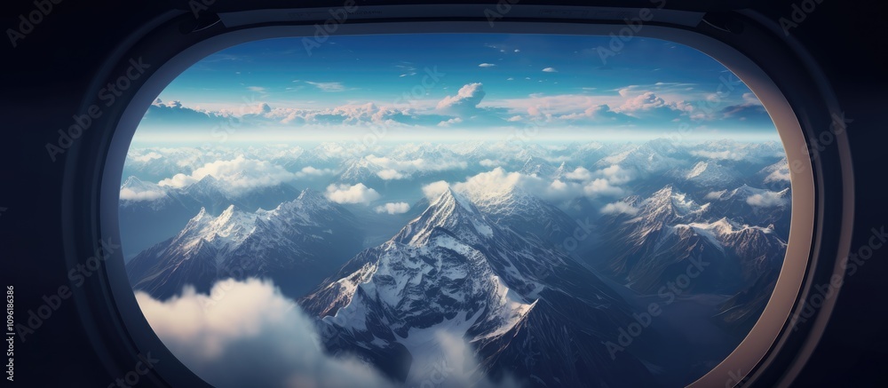 Naklejka premium View of majestic mountain summit and clouds from airplane window during flight, showcasing stunning natural scenery and perspective.