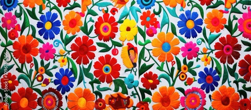 Vibrant Mexican textile pattern featuring colorful flowers and intricate designs evoking traditional craftsmanship and cultural heritage
