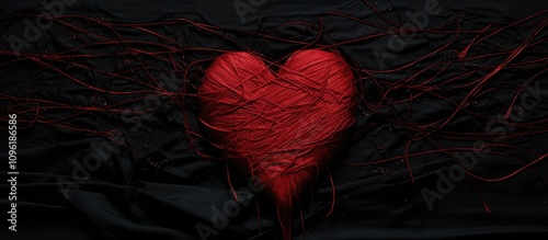 Red threads forming a heart shape on black fabric symbolizing love and passion in a creative textile art composition. photo