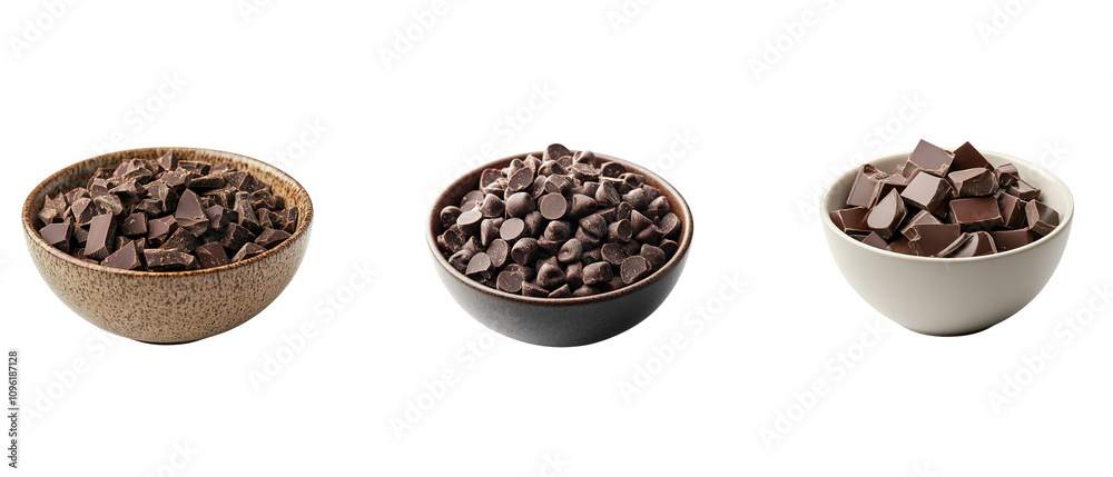 Dark chocolate pieces in a bowl, isolated on a white background Dark chocolate pieces in a bowl, isolated on a white background