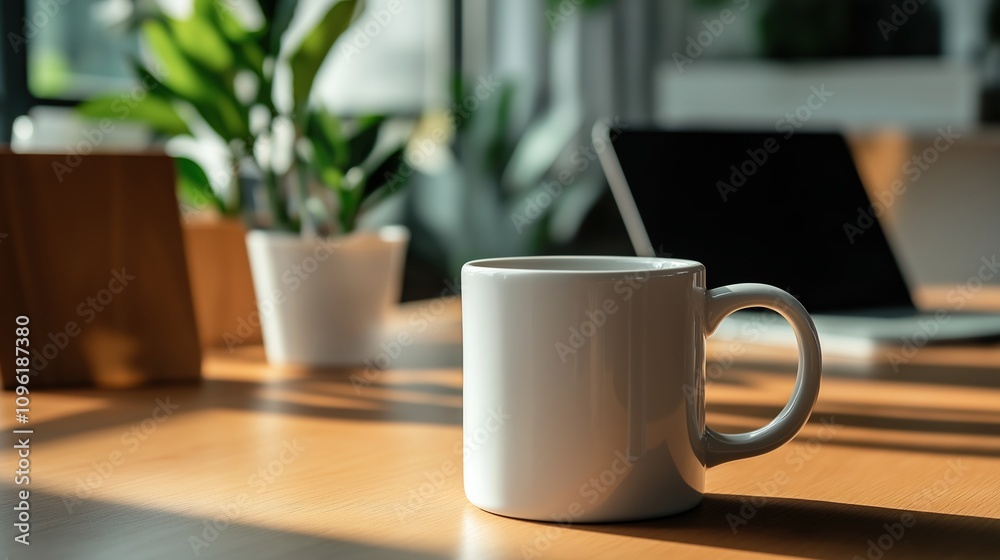 Coffee Mug on a Sunlit Workspace Table Coffee Mug on a Sunlit Workspace Table