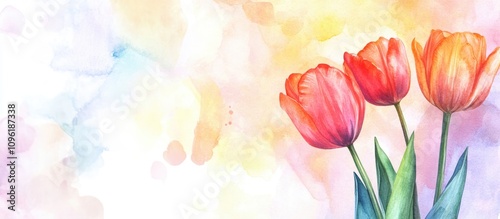 Colorful watercolor background with vibrant tulip bouquet creating a perfect space for adding personalized text or messages.