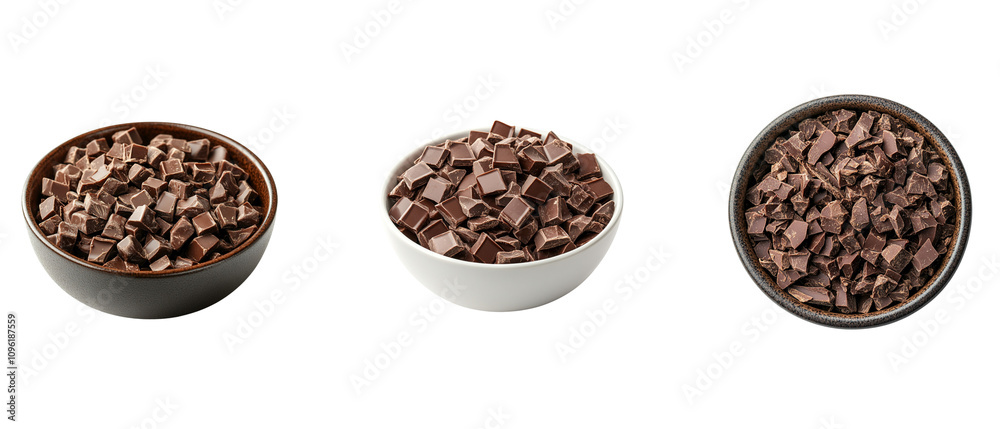 Dark chocolate pieces in a bowl, isolated on a white background Dark chocolate pieces in a bowl, isolated on a white background
