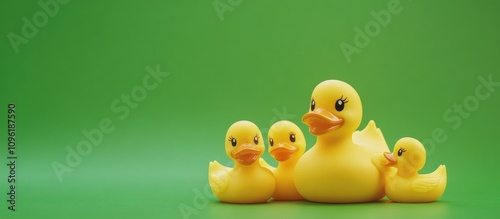 Yellow rubber duck family toy collection on vibrant green background for playful and cheerful design concepts.