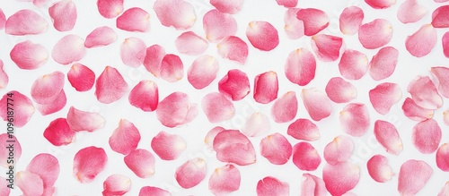 Delicate pink rose petals scattered on a white background creating a serene floral pattern for design or decoration use.